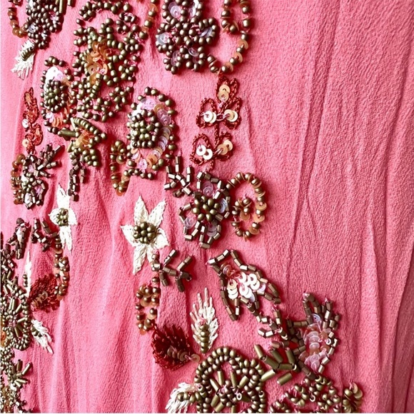 Vintage 90s 100% Silk Bead Dress Silk Dress Floral Prom Dress Fairy Cottage Pink - Picture 15 of 17